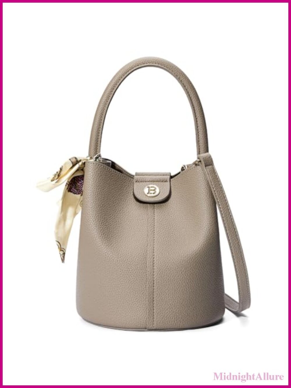 Small Vegan Leather Bucket Crossbody Bag with Scarf & Removable Strap